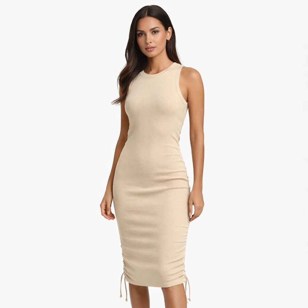 Lioness Ruched Side Knit Midi Dress Beige Bodycon XL